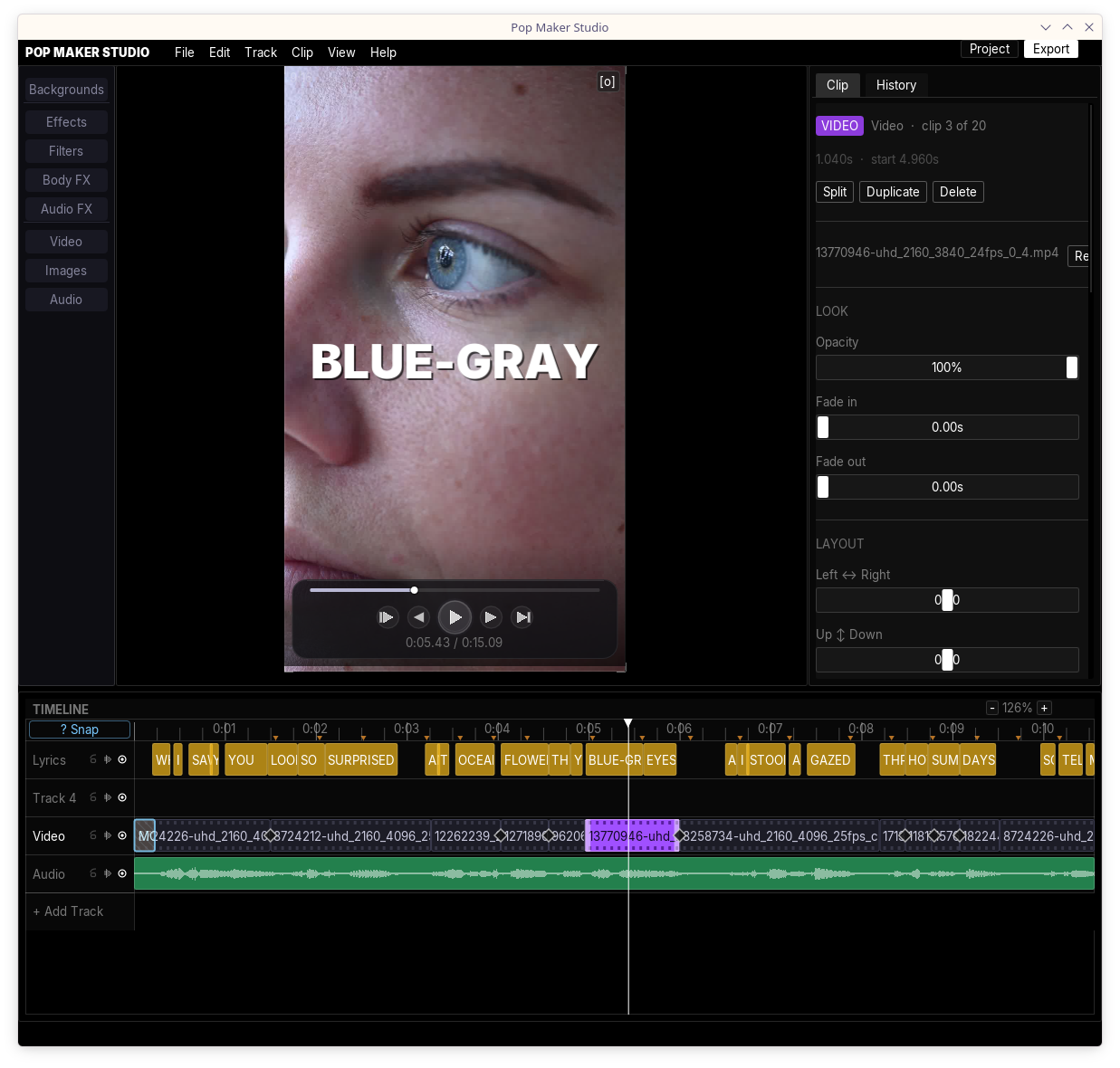 Pop Maker Studio: BLUE-GRAY lyric on eye close-up
