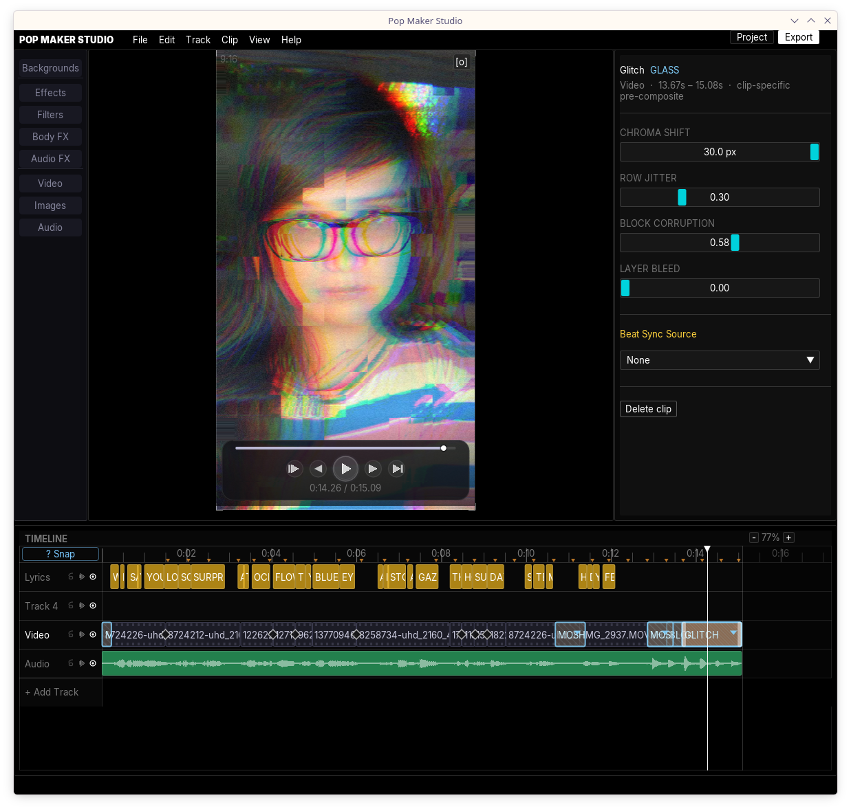 Pop Maker Studio: glitch effect applied to portrait clip