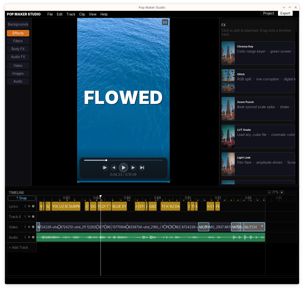 Pop Maker Studio: lyric animation with FX panel open